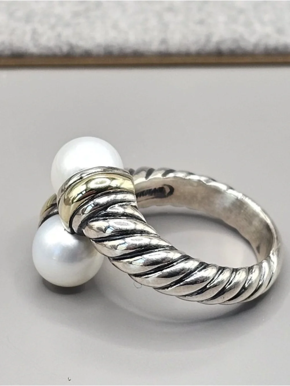 Sterling Silver and 18 Karat Yellow Gold David Yurman Pearl Bypass Ring
